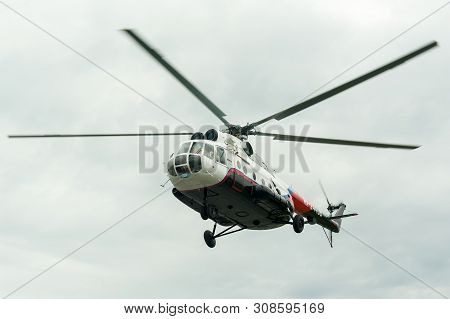 Tyumen, Russia - June 19, 2019: Aircraft Repair Helicopter Utair Engineering Plant. Test Flight Of M