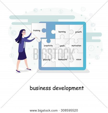 Business Development Concept With A Young Businesswoman Placing Puzzle Pieces With Text Onto A Wall 