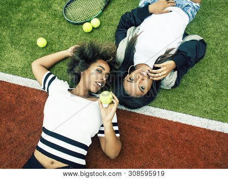 Young Pretty Girlfriends Hanging On Tennis Court, Fashion Stylish Dressed Swag, Best Friends Happy S