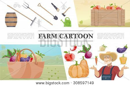 Cartoon Farming Colorful Concept With Farmer Wooden Barrel Manual Labor Tools Crate Of Apples Basket