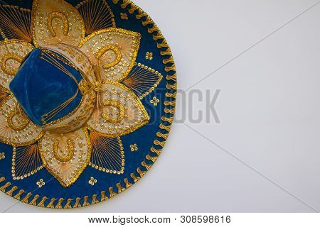 Blue Velvet Sombrero, Isolated On White. A Mexican Style Sombrero Hat