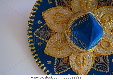 Blue Velvet Sombrero, Isolated On White. A Mexican Style Sombrero Hat