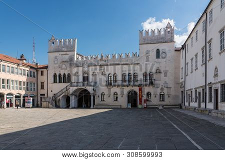 Koper, Slovenia - 24 May 2019: Facade Of The Praetorian Palace In The Old Town Of Koper In Slovenia