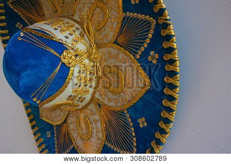 Blue Velvet Sombrero, Isolated On White. A Mexican Style Sombrero Hat