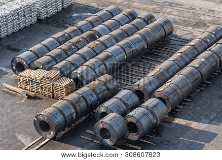 Koper, Slovenia - 24 May 2019: Rolls Of Steel Line The Quayside In The Port Of Koper In Slovenia