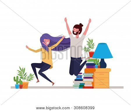 Young Couple Dancing In Living Room Character Vector Illustration Design