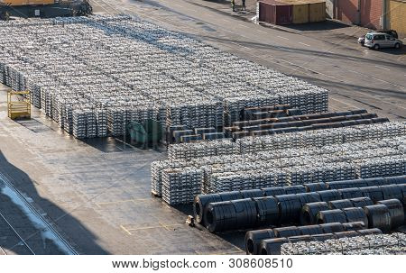 Koper, Slovenia - 24 May 2019: Ingots Of Aluminum Line The Quayside In The Port Of Koper In Slovenia