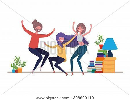 Group Of People Dancing In Living Room Vector Illustration Design