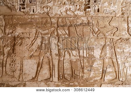 Egyptian Hieroglyphs In Medinet Habu Temple, Luxor, Egypt