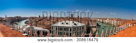 Venice, Italy - April, 2018: Panoramic View Of The Beautiful Venice City And The Grand Canal In A Su