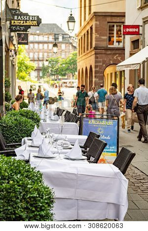 Strasbourg, France - July 22, 2017: Cinematic Rue De Loutre Street With Luxury Brasserie Excelsior W