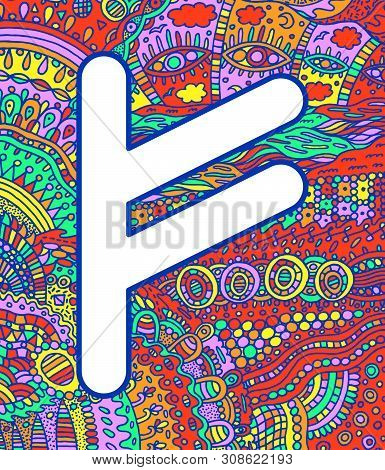 Ancient Scandinavic Rune Fehu With Doodle Ornament Background. Colorful Psychedelic Fantastic Mystic