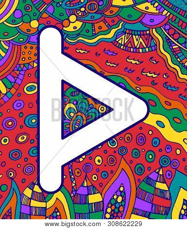 Ancient Scandinavic Rune Turizas With Doodle Ornament Background. Colorful Psychedelic Fantastic Mys