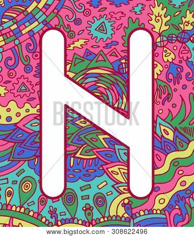 Ancient Scandinavic Rune Hagall With Doodle Ornament Background. Colorful Psychedelic Fantastic Myst