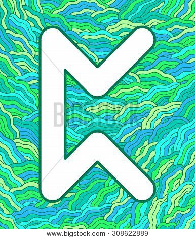 Ancient Scandinavic Rune Pertho With Doodle Ornament Background. Colorful Psychedelic Fantastic Myst
