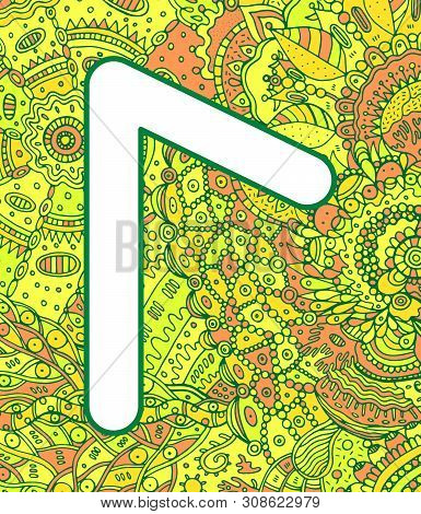 Ancient Scandinavic Rune Lagu With Doodle Ornament Background. Colorful Psychedelic Fantastic Mystic