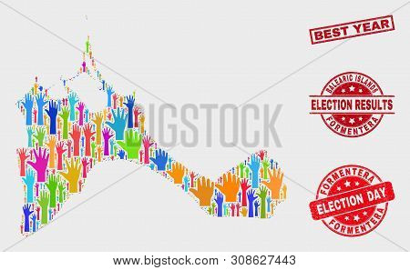 Election Formentera Island Map And Watermarks. Red Rectangular Best Year Grunge Stamp. Bright Formen