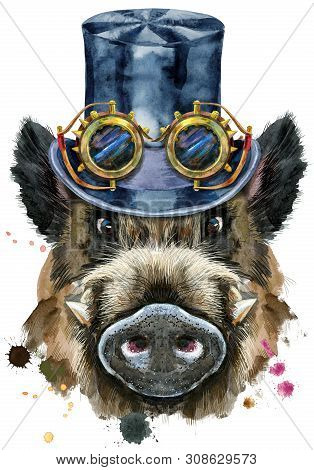 Watercolor Portrait Of Wild Boar With Black Hat Topper And Steampunk Glasses