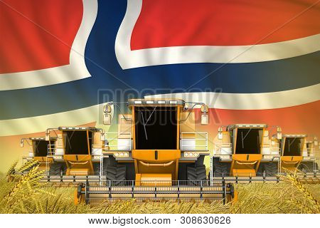 Industrial 3d Illustration Of A Lot Of Yellow Farming Combine Harvesters On Farm Field With Norway F