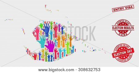 Ballot Juventud Island Map And Watermarks. Red Rectangular Entry Visa Distress Stamp. Colored Juvent
