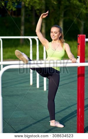 Stretching Danser Or Gymnast Woman Training In Workout Sports Ground