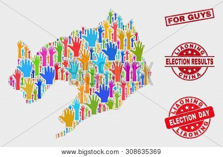 Ballot Liaoning Province Map And Stamps. Red Rectangular For Guys Textured Seal. Colorful Liaoning P