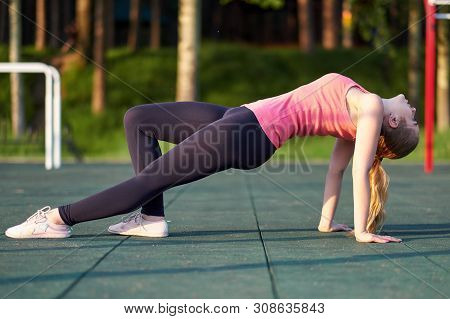 Young Sporty Woman Practicing Yoga, Doing Purvottanasana Exercise, Upward Plank Pose, Working Out, W