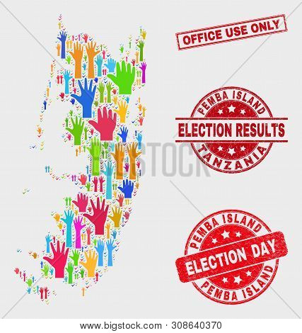 Election Pemba Island Map And Seals. Red Rectangular Office Use Only Distress Watermark. Colored Pem