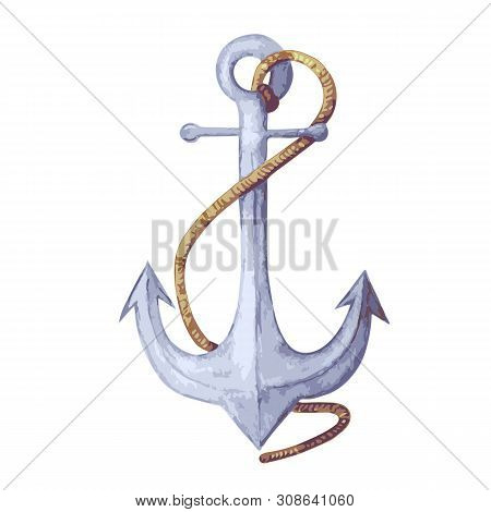 Watercolor Vector Illustration Of Anchor. Blue Anchor With Rope. Anchor Isolated On White Backdrop