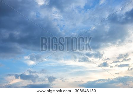 Blue Sky Background Texture With White Clouds Sunset.