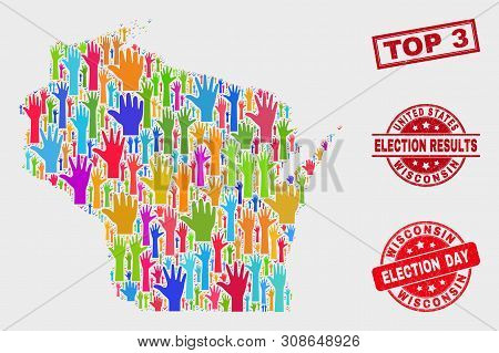 Ballot Wisconsin State Map And Seal Stamps. Red Rectangular Top 3 Distress Seal. Bright Wisconsin St