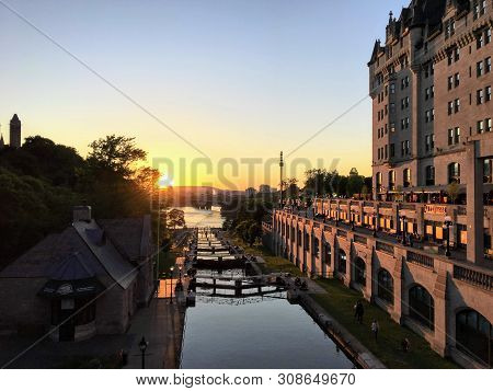 A Beautiful Scenic View From The Ottawa Locks Along The Rideau Canal In Downtown Ottawa During Sundo