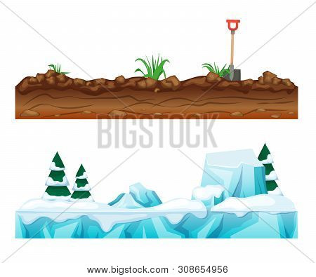 Snow-covered Winter Surface With Ice, Snow. Earthen Soil With Vegetation.