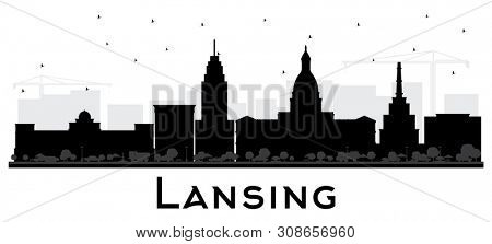 Lansing Michigan City Skyline Silhouette with Black Buildings Isolated on White. Business Travel and Concept with Historic Architecture. Lansing USA Cityscape with Landmarks.