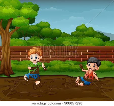 Illustration Of Happy Boys Playing In The Mud