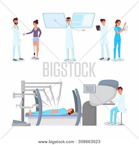 Innovations In Medicine Vector Illustrations Set. Modern Hospital Staff, Doctors And Patients Cartoo
