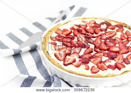 Homemade Backery Pie With Strawberry And Custard. Summer Recipe Delicious Berry Tart. Fruit Cake Ric