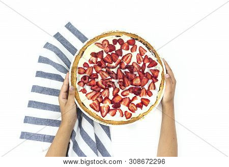 Homemade Backery Pie With Strawberry And Custard. Summer Recipe Delicious Berry Tart. Fruit Cake Ric
