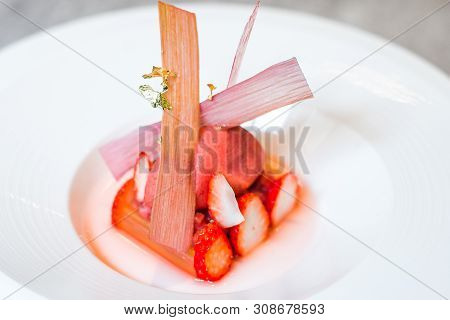 Strawberry & Rhubarb Marinated Gariguette Strawberries, Rhubarb Lightly Confit, Vanilla Chantilly, S
