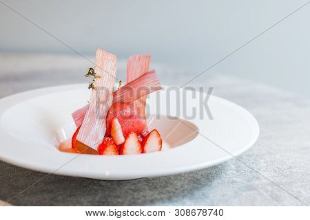 Strawberry & Rhubarb Marinated Gariguette Strawberries, Rhubarb Lightly Confit, Vanilla Chantilly, S