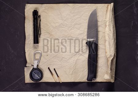 A Set Of Necessary Things For Survival. Tools For Survival In A Complex Estate. Top View.