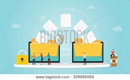File Transfer Concept With Folder And Files Transfering Move With Security And Padlock And Team Peop
