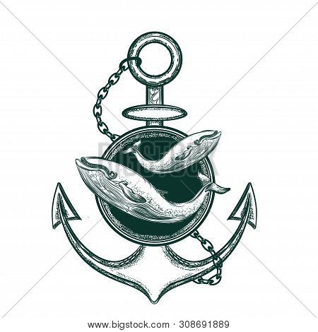 Vector Image Of Anchor And Whale. Tattoo Sketch.