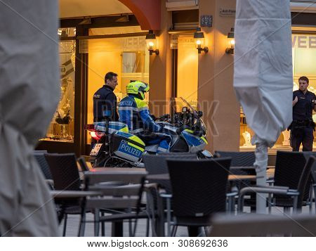 Augsburg, Germany - March 26, 2019: German Police Motorcycle From The State Of Bavaria With The Lett