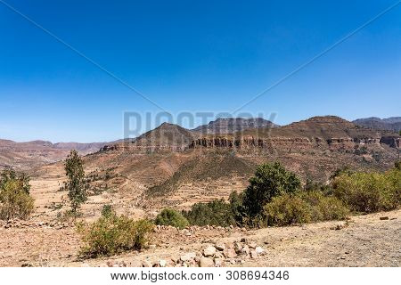 Landscape In Gheralta In Tigray, Northern Ethiopia, Africa. Trip From Axum To Gheralta