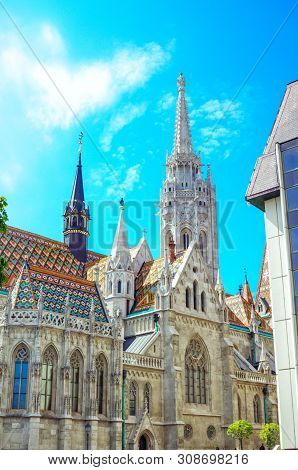 Budapest/hungary- April 30, 2019: Spring Cityscape With Beautiful Saint Mathias Church Gothic Style 