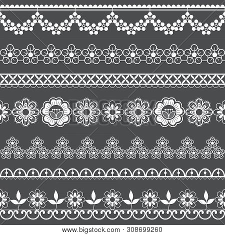 Vintage Wedding Lace Seamless Vector Pattern Set, Ornamental Repetitive Design With Flowers And Swir