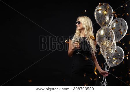 Brightfull Expressions Portrait Of Happy Emotions Girl Celebrating Christmas Or Birthday Party On Bl