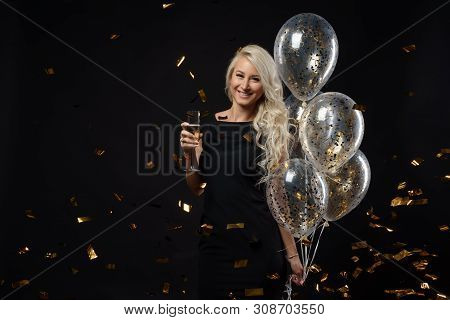 Brightfull Expressions Of Happy Emotions Of Amazing Girl Celebrating Party On Black Background. Luxu