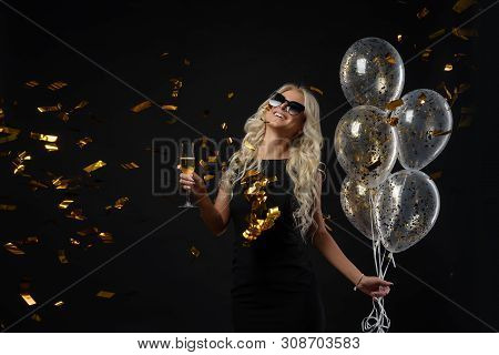 Brightfull Expressions Portrait Of Happy Emotions Girl Celebrating Christmas Or Birthday Party On Bl
